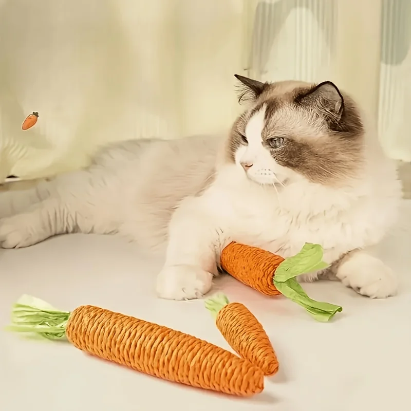 2 PCS Carrot Shaped Cat Bite Toys, Sisal Fiber Paper Rope,Integrated Pet Toy for Small Cats to Grind Their Teeth and Claws