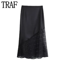 TRAF Lace Satin Skirt Woman Cut Out Black Long Skirts For Women Fashion 2023 Autumn High Waist Midi Chic And Elegant Woman Skirt