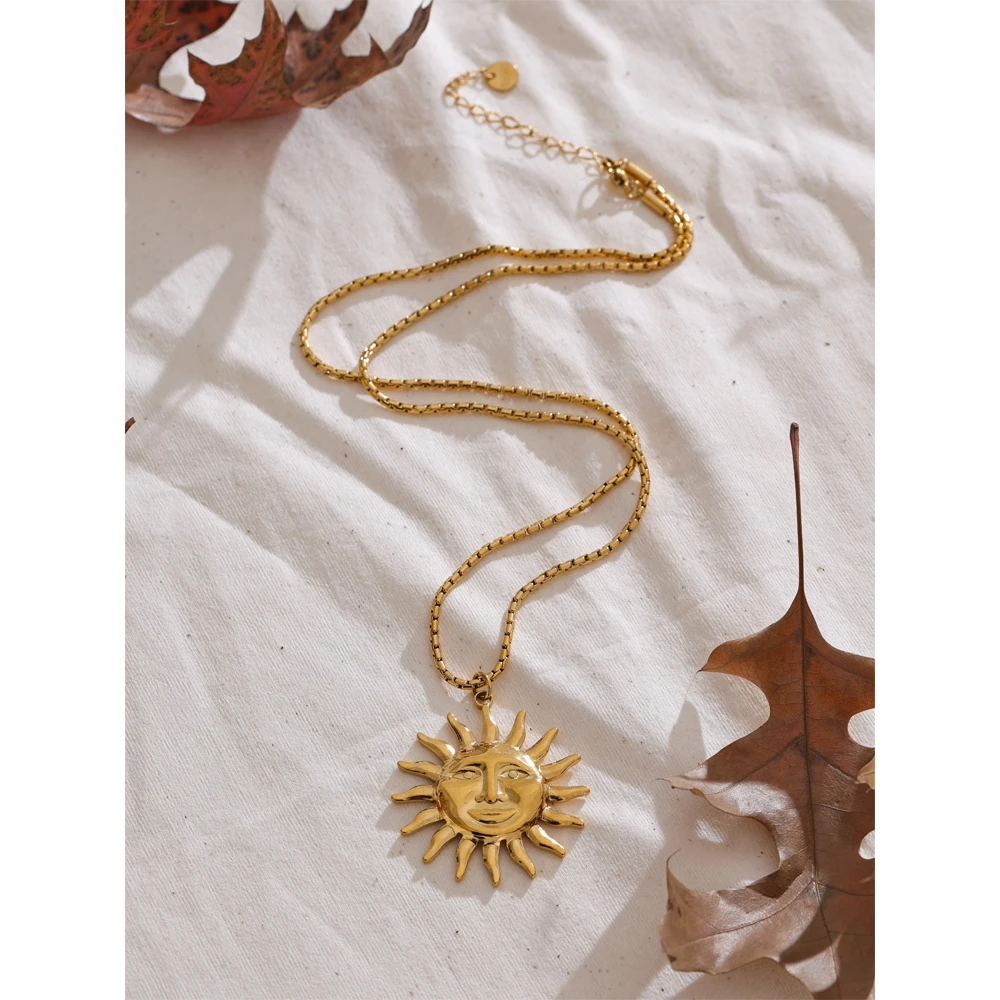 Yhpup Hot Style 18K Gold Color PVD Sun Face Pendant Necklace Waterproof Stainless Steel Arrivals Popular Jewelry Wholesale