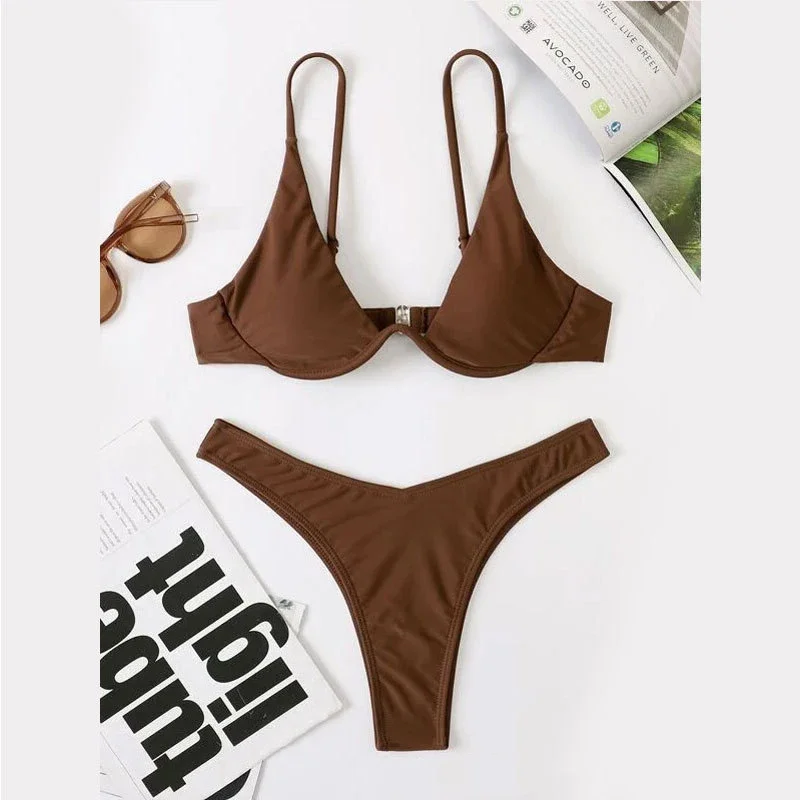 2026 Summer New Two Piece Women's Solid Color Sexy Bareback Bikini Split Swimsuit Bikini Set High Waist Beach Vacation