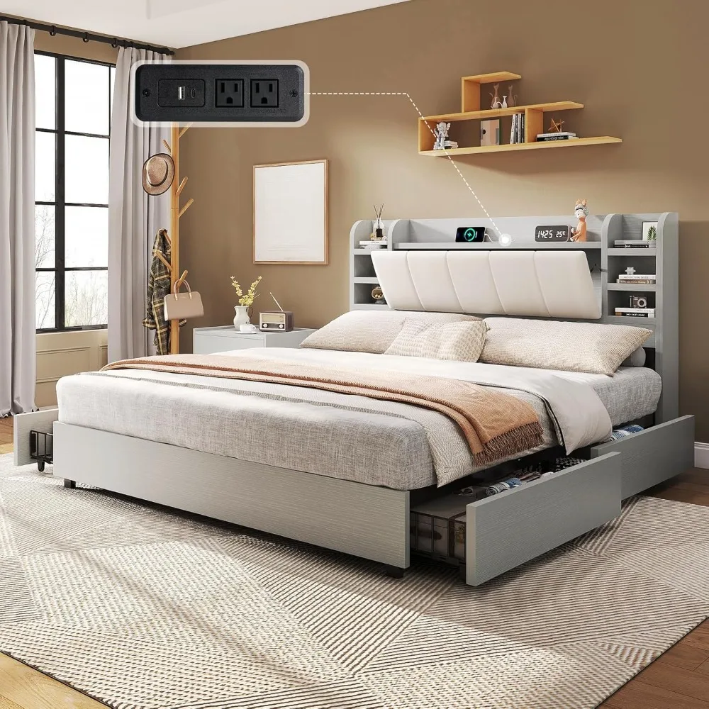 

Queen Size Bed Frame with Headboard, Platform Bed Frame with 4 Storage Drawers & Private Storage, Bookcase Bed Frame with Chargi