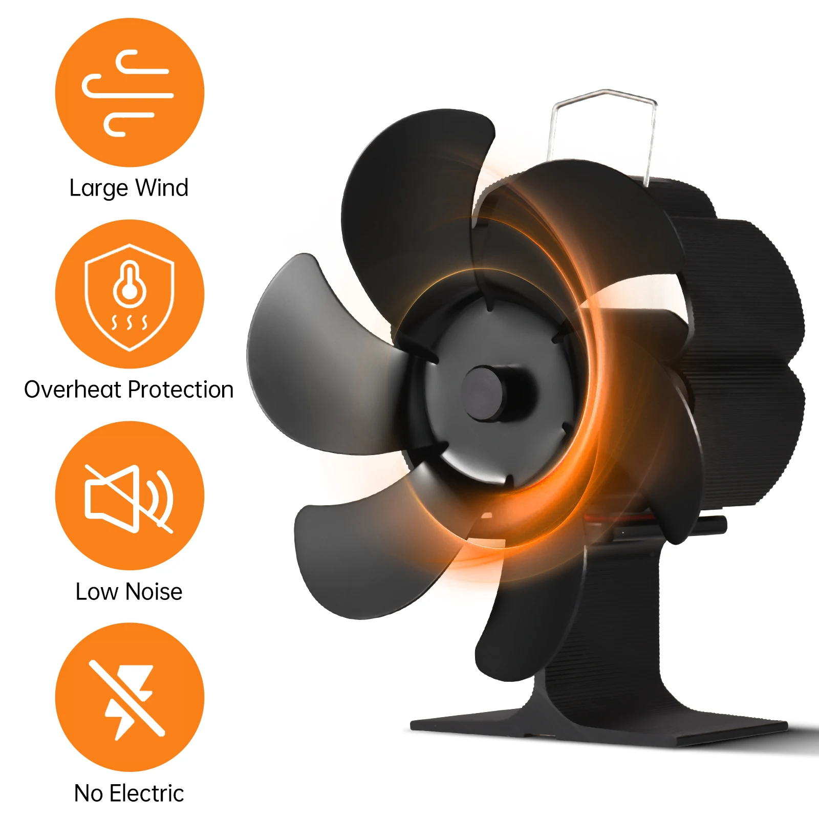 6 Blade Heat Stove Fan with Carrying Handle and Overheating Protection Non Electric Eco-Friendly for Wood Log Burner Fireplace