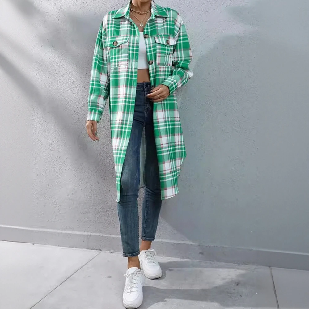 

Клетчатая ветровка, женская осенне-зимняя однобортная длинная куртка в европейском и американском стиле