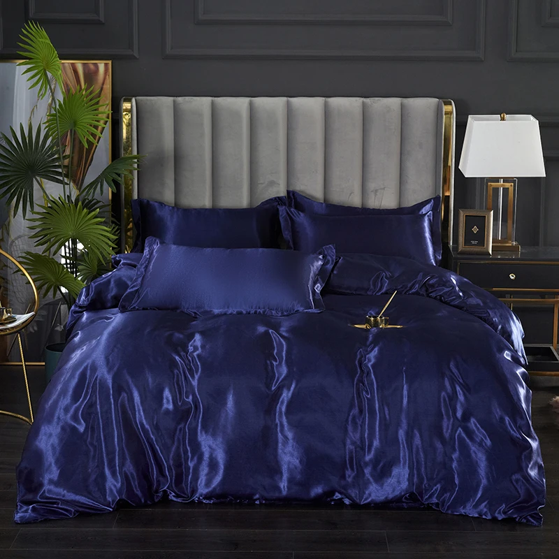 Monnom New European Satin Duvet Cover Set Include Duvet Cove Flat Sheet and Pillowcases Double Single Size Bedding Set AU- Queen