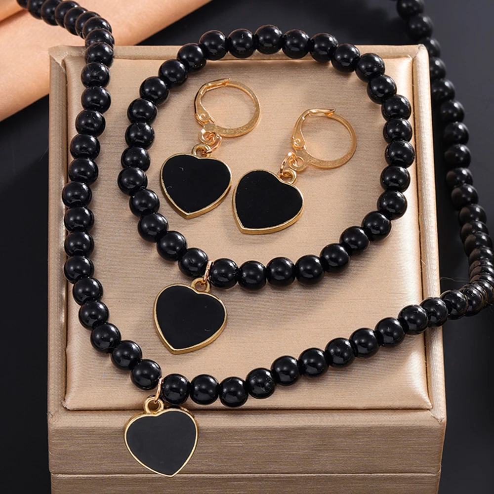 4Pcs Women Imitation Pearl Jewelry Set Heart Pendant Necklace Bracelet Earrings Daily Party Jewelry Best Gift for Girlfriend Mo