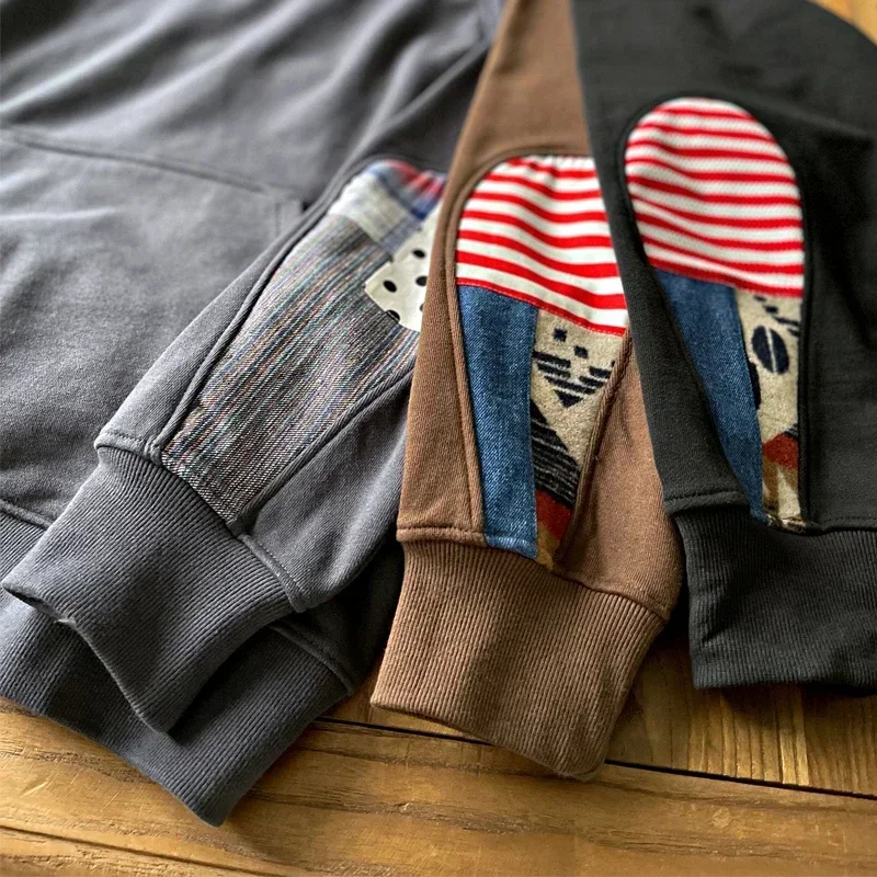 Spring Japanese Vintage Gog Heavy Water Drop National Style Splice Round Neck Pullover Loose Fit Sweatshirt Men