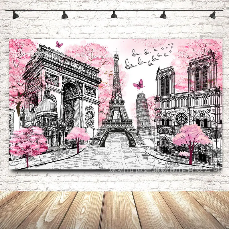 Selected Pink Eiffel Tower Banner for Valentine's Day, Wedding, Engagement Party, Atmosphere Scene Layout,  Background Cloth