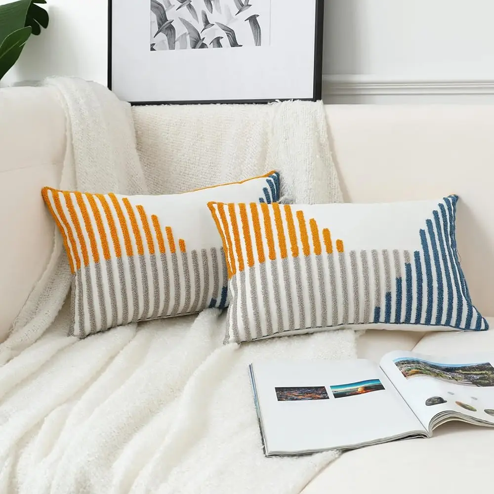 

Boho Pillow Covers 12X20 H Set Of 2 Modern Embroidered Striped Cotton Yellow And Blue Throw Pillow Covers For Couch Sofa Bed