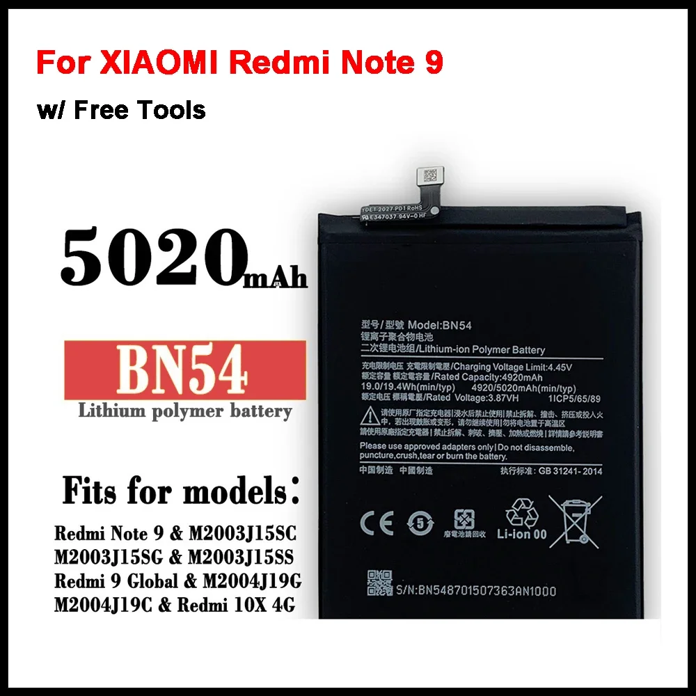 Phone Battery BN54 For XIAOMI Redmi Note 9 BN54 5020mAh Replace 3.85V Lithium-ion Polymer Battery + tools