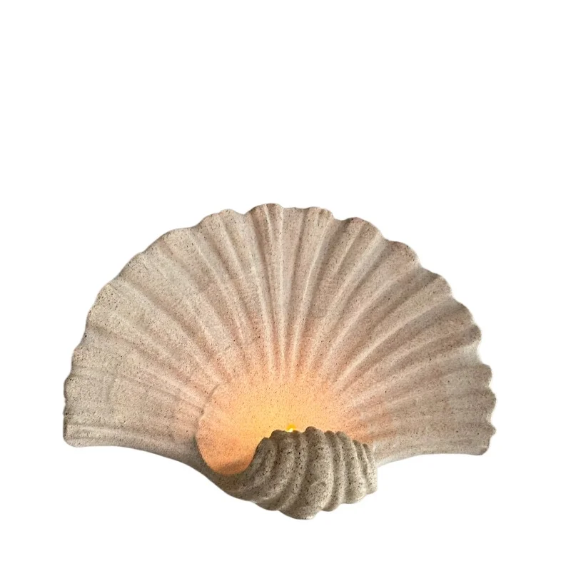 Portavelas Artesanal de Estilo Costero con Estrella de Mar y Coral, Centro de Mesa para Repisa, con Conchas Marinas Naturales y Piedra Arenisca