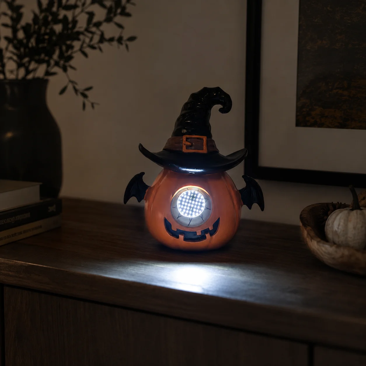 Halloween LED Lighted Pumpkin Resin Figurine, Witch Hat Bat Wings Jack‑o‑Lantern Statue, Desktop Ornament for Home Party Decor