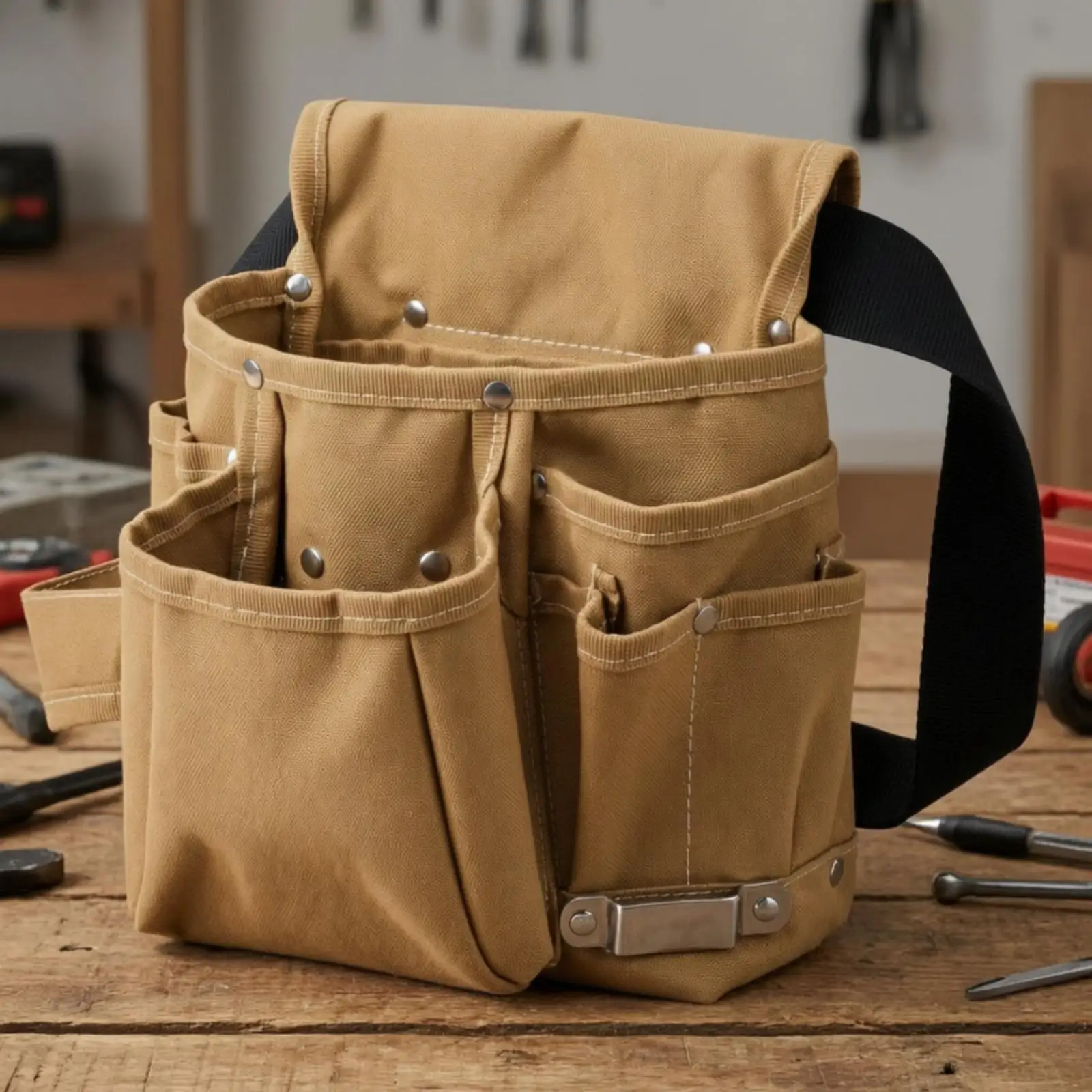 Multi Pocket Canvas Tool Waist Pouch with Metal Loop for Electrician Plumber Handyman Work