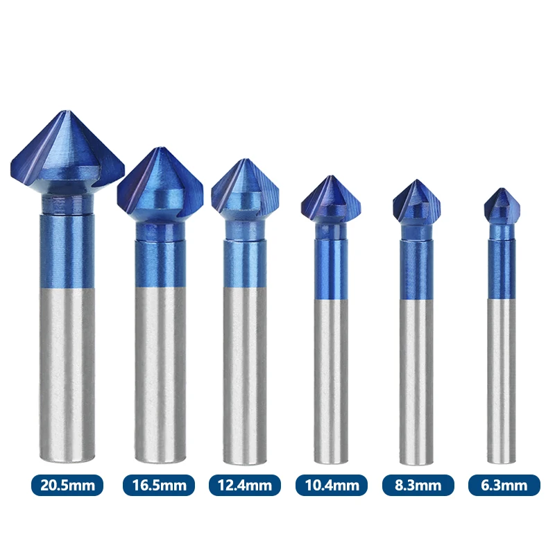 6pcs 3 Flute 90 Degree HSS Chamfer Drill Bit Set 6.3-20.5mm Countersink Drill Bit Set Nano Blue Coated Chamfer Cutter Tool