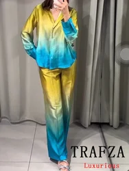 TRAFZA Vintage Casual Tie Dye Women Suit Single Breasted Long Sleeve Shirt Loose Long Pants Chic Fashion 2024 Summer Basics Sets