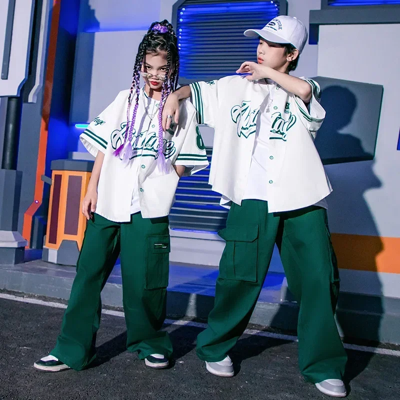 

Kid Hip Hop Clothing White Oversized Baseball Cardigan Shirt Green Casual Street Cargo Pants for Girl Boy Dance Costume Clothes
