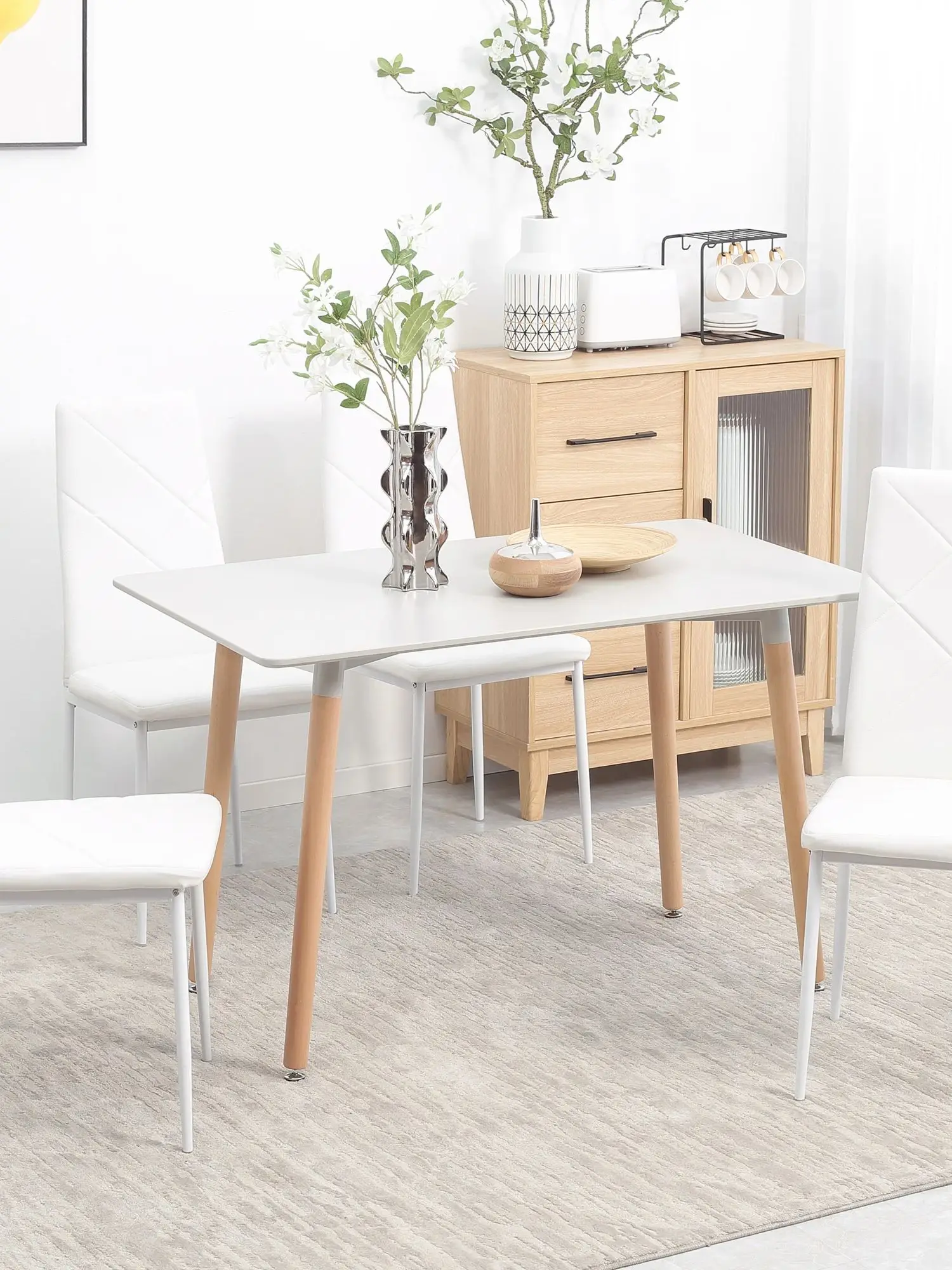 Homcom Set van 4 gestoffeerde kunstleren eetkamerstoelen 41X50X97 cm wit - afbeelding 2