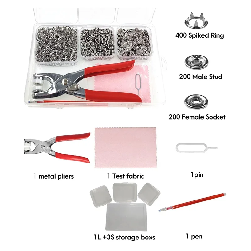 AT51-Snap Fasteners Kit 200 Sets، 9.5Mm Fabric Snaps Clothing Snaps بدون خياطة، أزرار من الفولاذ المقاوم للصدأ مع كماشة كبس