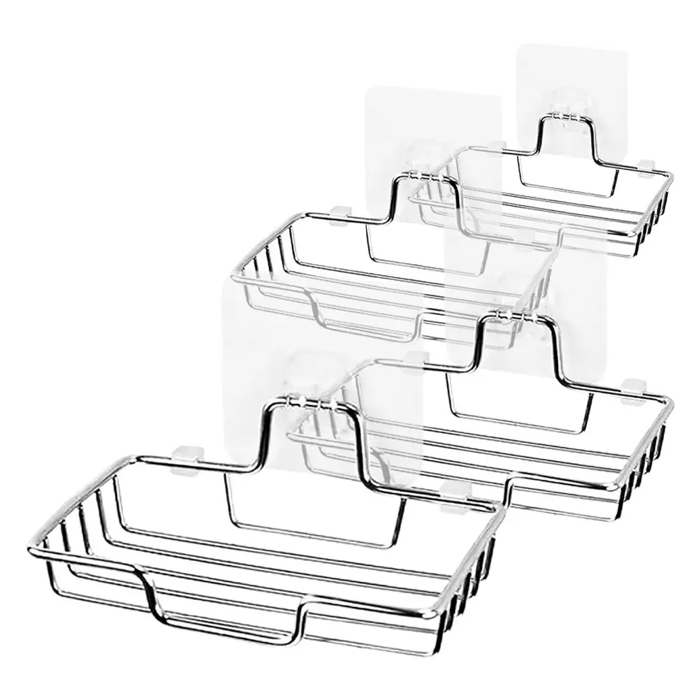 

4 Pcs Draining Soap Dish Adhesive Shower Wall Mounted Bath Bathroom Shampoo Bar Holder Stainless Steel Container Tray