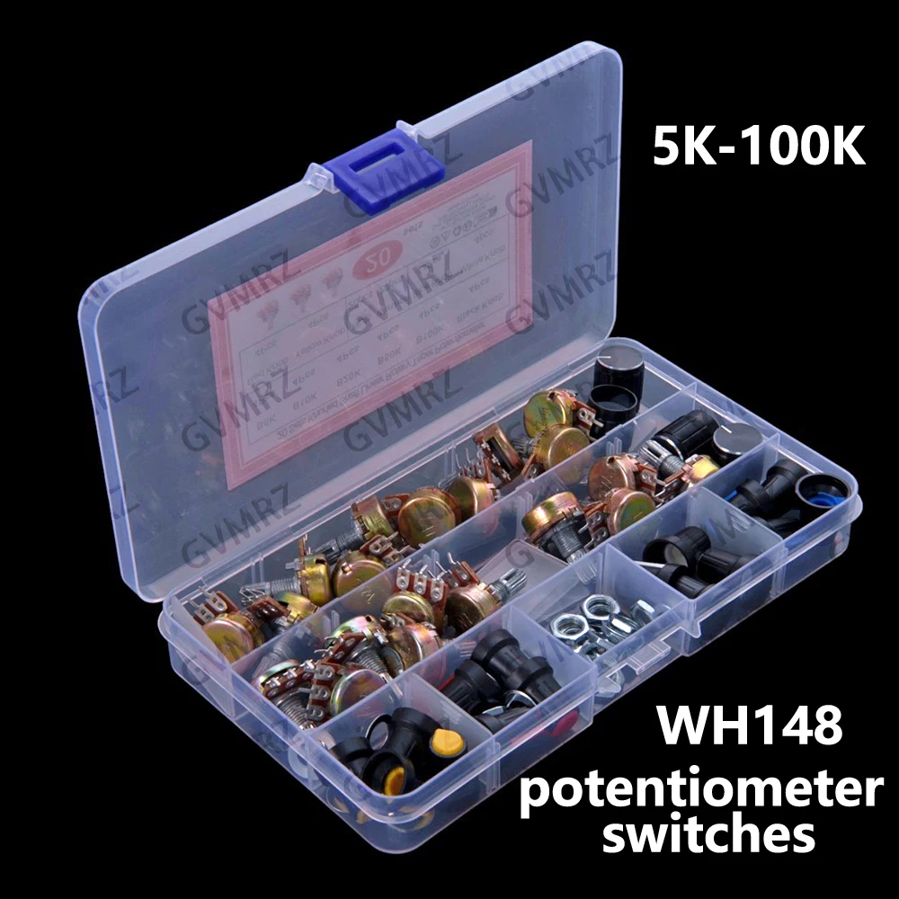 20PCS 5K-100K WH148 potentiometer switches with knob caps 15mm 100K 10K 20K 5K 50K