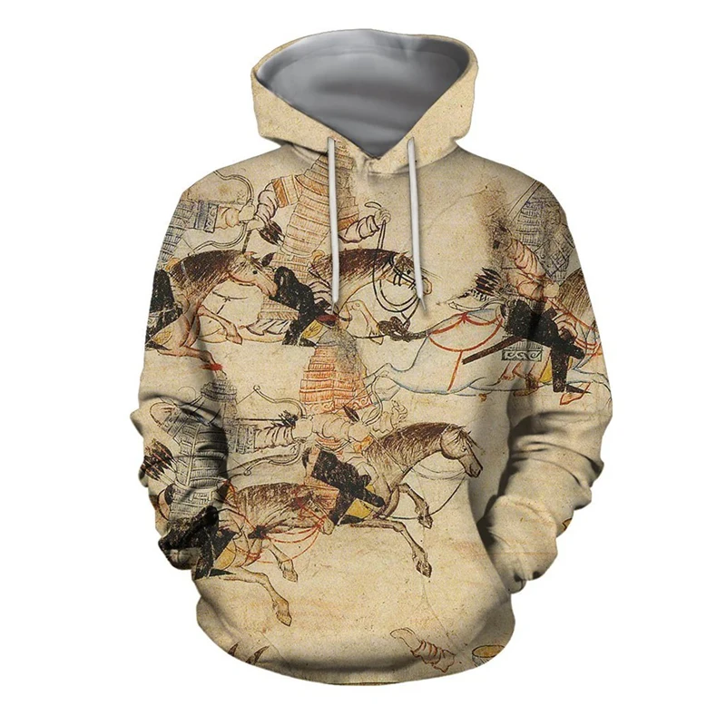 2024 Spring And Autumn New Men's Fashion 3D Mongolian Warrior Print Hooded Sweatshirt Hoodie Loose Casual Daily Street Sweater