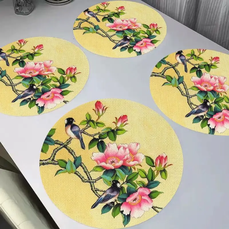 VIKAMA New Chinese style Gongbi Magpie Round Linen Table Mat Insulation, Washable, Wear resistant Table Mat Table Decoration