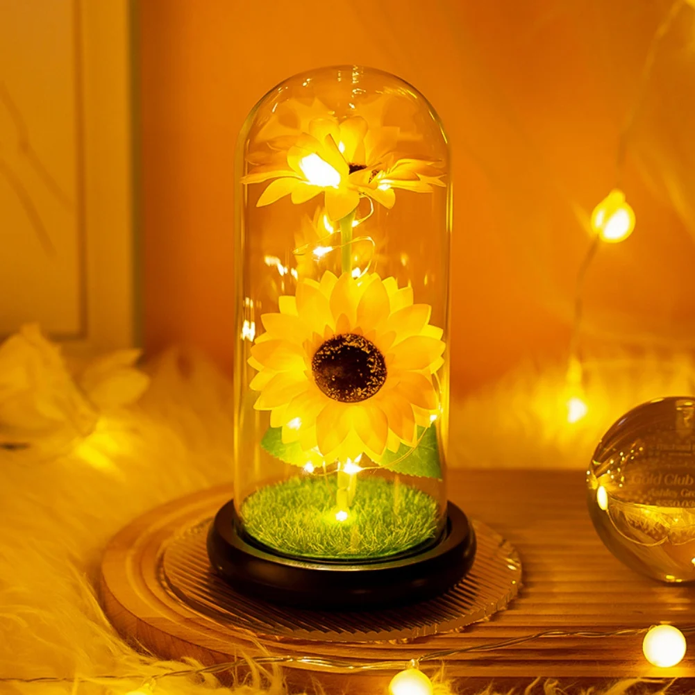 Valentine\'s Day Decoration Ornament Artificial Sunflower Tulip in Glass Dome Luminous for Home DecorWedding Mother\'s Day Gifts