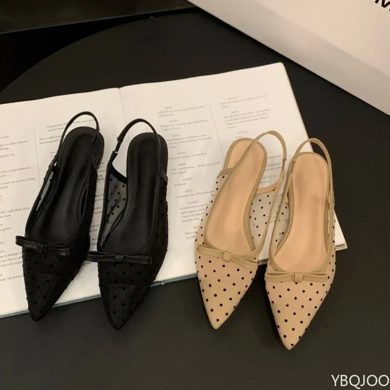 Elegante Damenschuhe mit französischer Fliege und niedrigem Absatz, Feenstil, Baotou-Sandalen, Sommer-Mesh, atmungsaktiv, flache Absätze, Zapatos