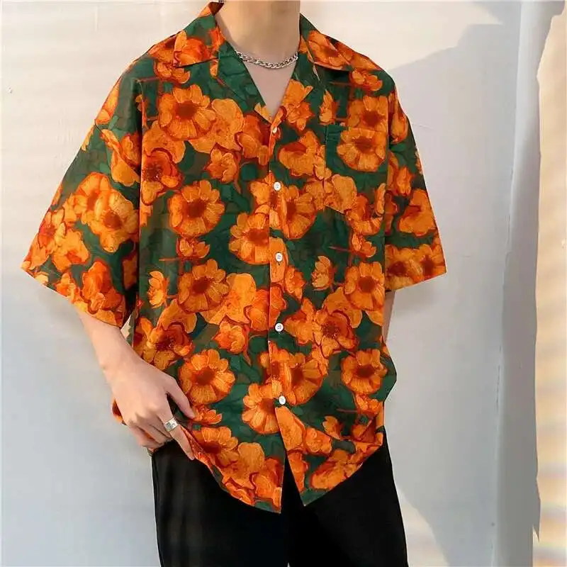 Men Short Sleeve Shirts Loose Vintage Harajuku Beach Floral Printed Streetwear Males Tops Casual Korean Stylish All-match Trendy