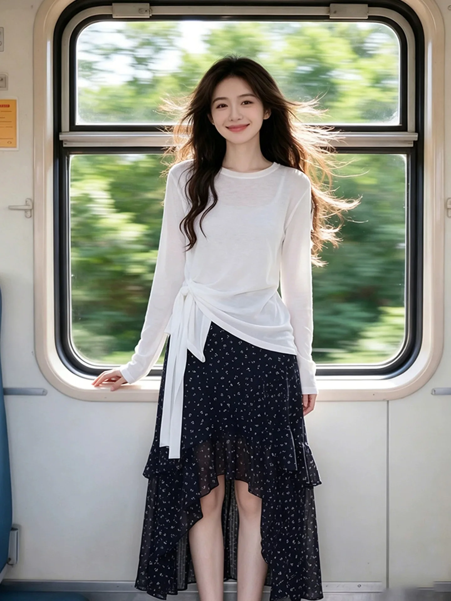 Korean Style High Waist Floral Skirt Set Women's Beautiful Long Sleeve Tied Top And Mid-Length Gown Perfect for Daily Wear