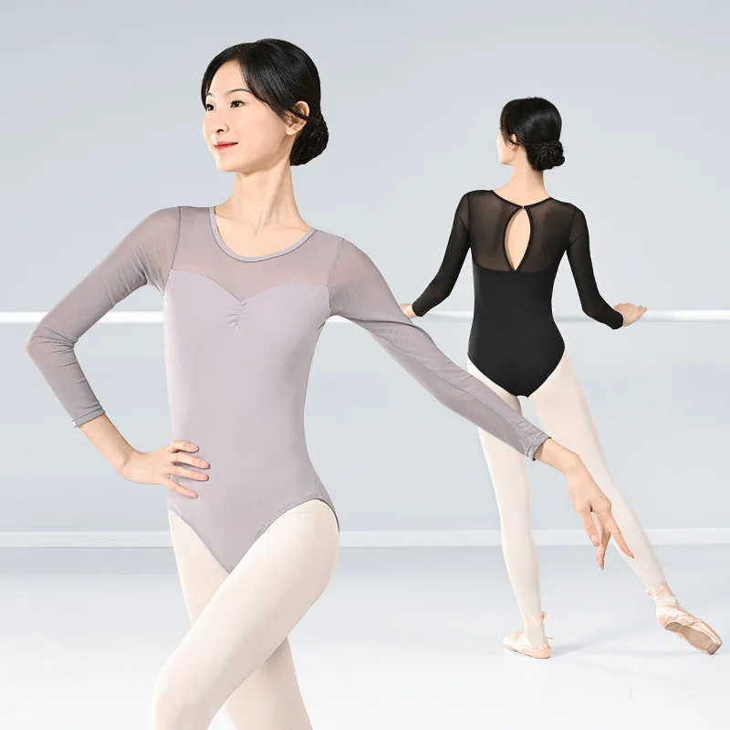 Costumi da ballo a maniche lunghe da donna body da balletto body da ginnastica in nylon per adulti con giuntura a rete tuta da balletto performance dancewear