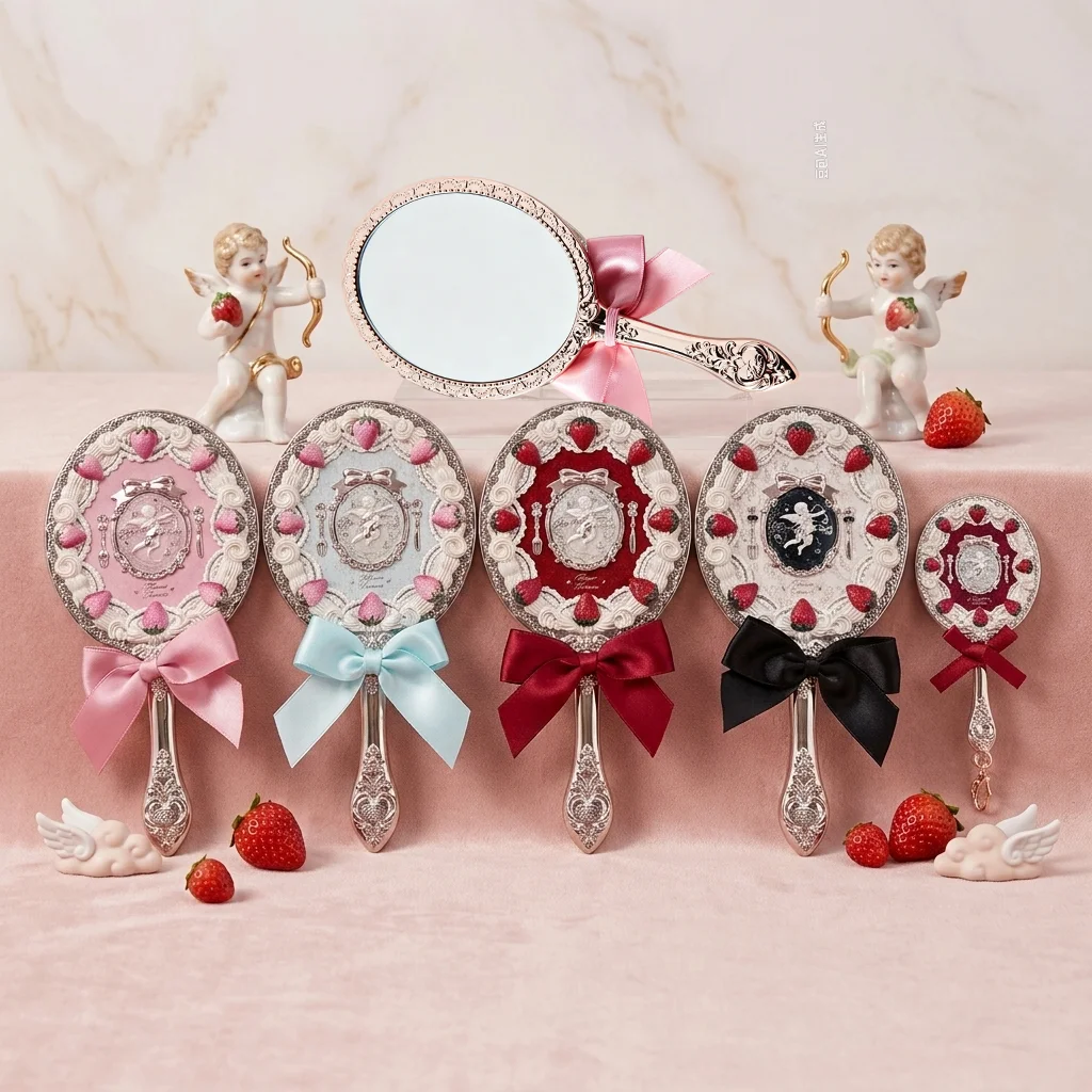 Handspiegel Flower Knows Strawberry Cupid Suess Romantisch Kosmetikspiegel Tragbar Kawaii Stil Schoenheitsaccessoire Geschenk Fuer Frauen
