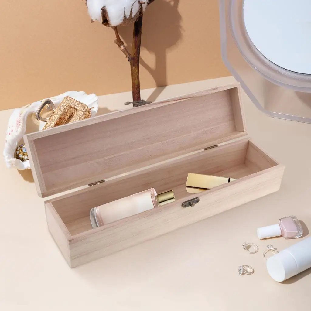 Wood Craft Box with Hinged Lid Unpainted Long Rectangle Organizer for DIY Projects and Gifts
