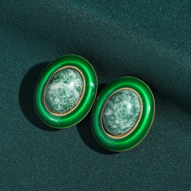 

Vintage Green Enamel Moss Stone Oval Earrings Square Gold Color Luxury Trendy Jewelry Party Gift For Woman Lady Trend 2026 New