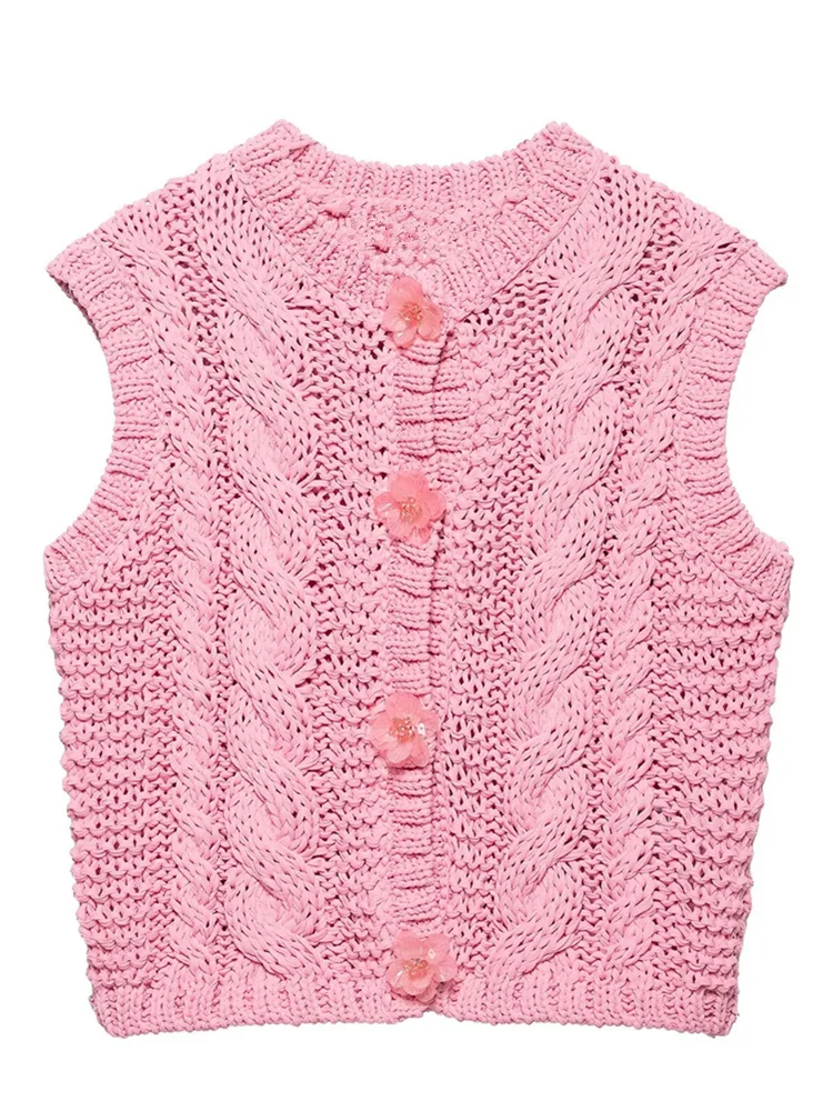 Zevity 2025 Frauen Ärmellose Blume Tasten Design Twist Stricken Weste Pullover Weibliche Chic Casual Strickjacke Weste Tops SW9019