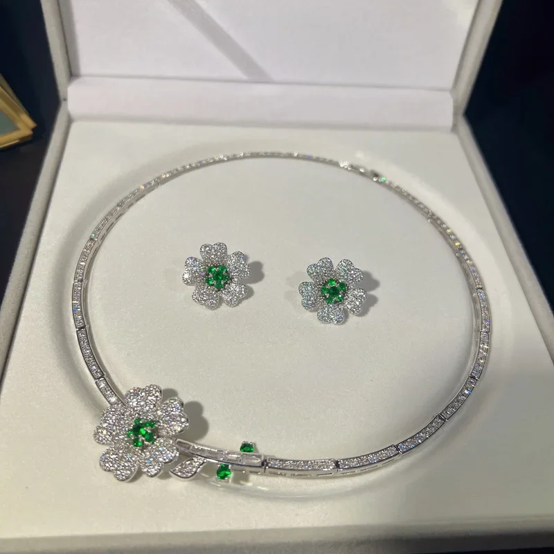 Vintage Lab Emerald Diamond Jewelry set 925 Sterling Silver Wedding Necklace Earrings For Women Bridal Engagement Jewelry Gift