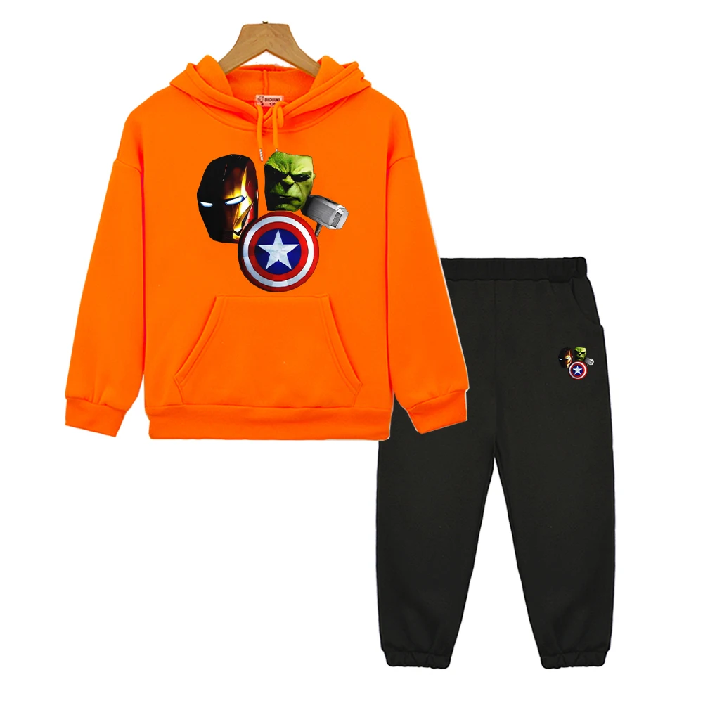 Marvel Superman Autumn boy girl Hooded Spors Sets anime hoodie Fleece Sweatshirt Cartoon 2pcs pullover+Pant kid boutique clothes