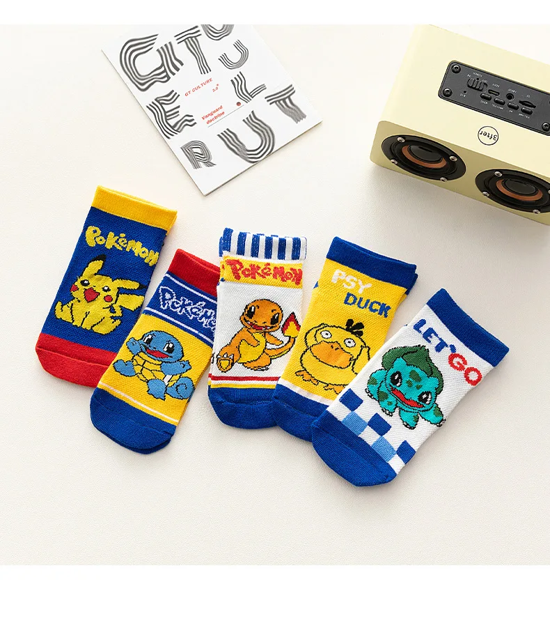 5pairs Pokemon Action Figures Pikachu Psyduck Squirtle Bulbasaur Boys Girls Children Cotton Short-tube Boat Socks Birthday Gifts