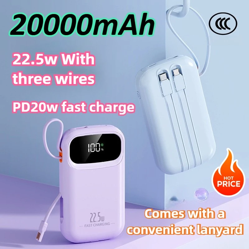 

New 20000mAh 22.5W Fast Charging Built-in Cable Power Bank Portable Charger Ultra Slim for IPhone for Samsung for Xiaomi for ZTX