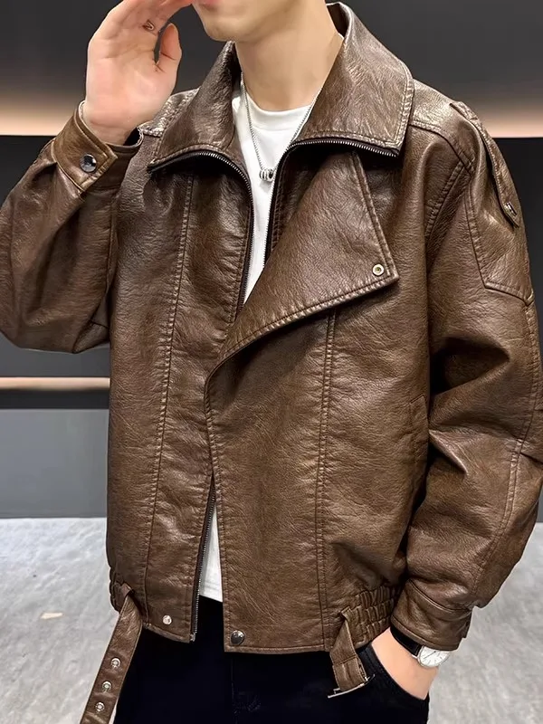 

Модная мужская куртка-косуха на флисовой подкладке, теплая повседневная свободная куртка из искусственной кожи, осенне-зимняя новинка, уличная мода