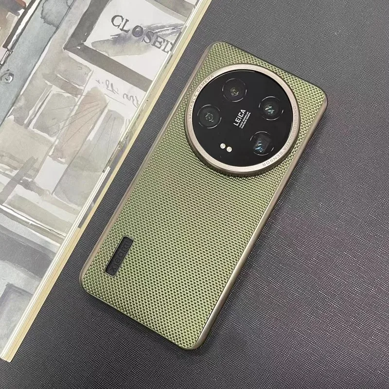 

Funda For Xiaomi 14 Ultra Case Luxury Nylon Woven Patten Plated Metal Frame Fashion Shockproof Bumper Back Cover