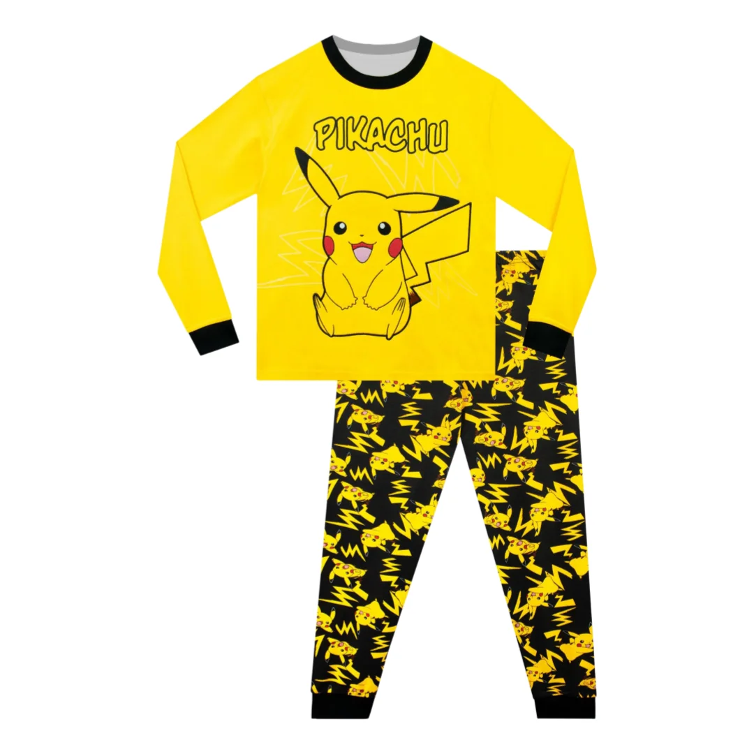 Potdemiel Conjunto de Sudadera y Pantalones Deportivos de Cuello Redondo Tipo Eléctrico Pikachu para Adultos y Niños, Suave, Cómodo y Relajado, para Familia, Otoño e Invierno