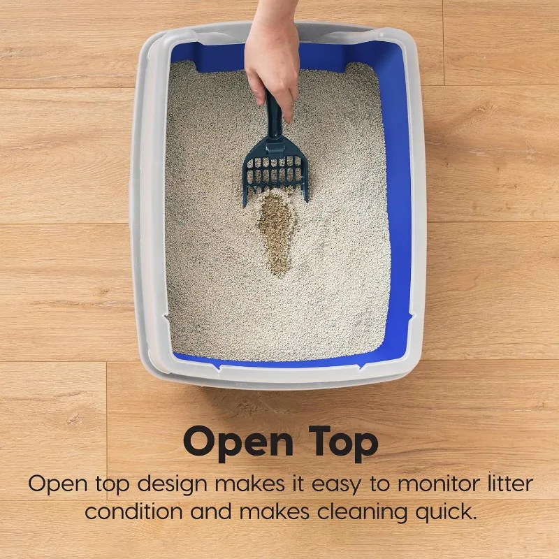 USA Open Top Cat Litter Tray with Scoop and Scatter Shield, Sturdy Easy to Clean with Tall Spray and Scatter Shield, Blue