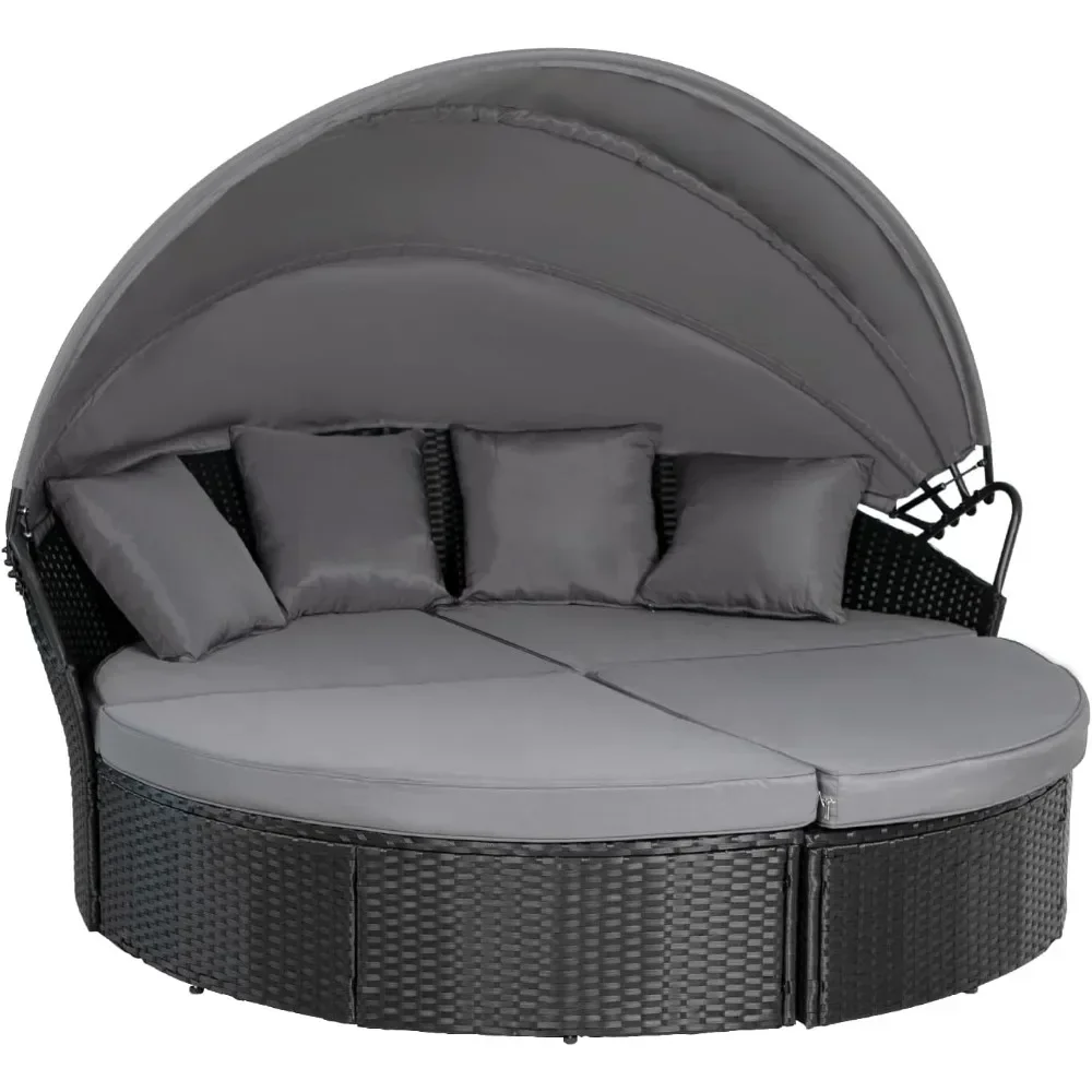 Round Daybed with Retractable Canopy, Clamshell Sectional Seating, Outdoor Furniture with Washable Cushions