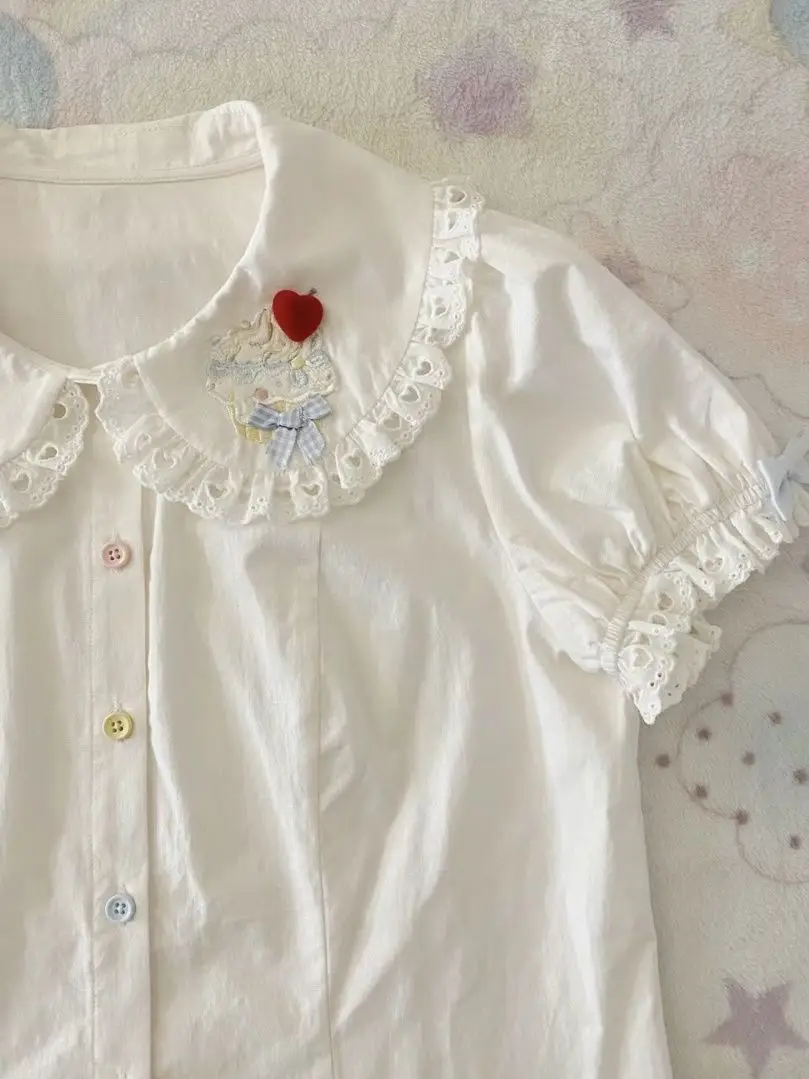 2025 สาวญี่ปุ่น Kawaii หวานน่ารัก Lolita เสื้อฤดูร้อน Y2k Aesthetic Lace Patchwork เสื้อผู้หญิง JK หลวม Blusas Femme