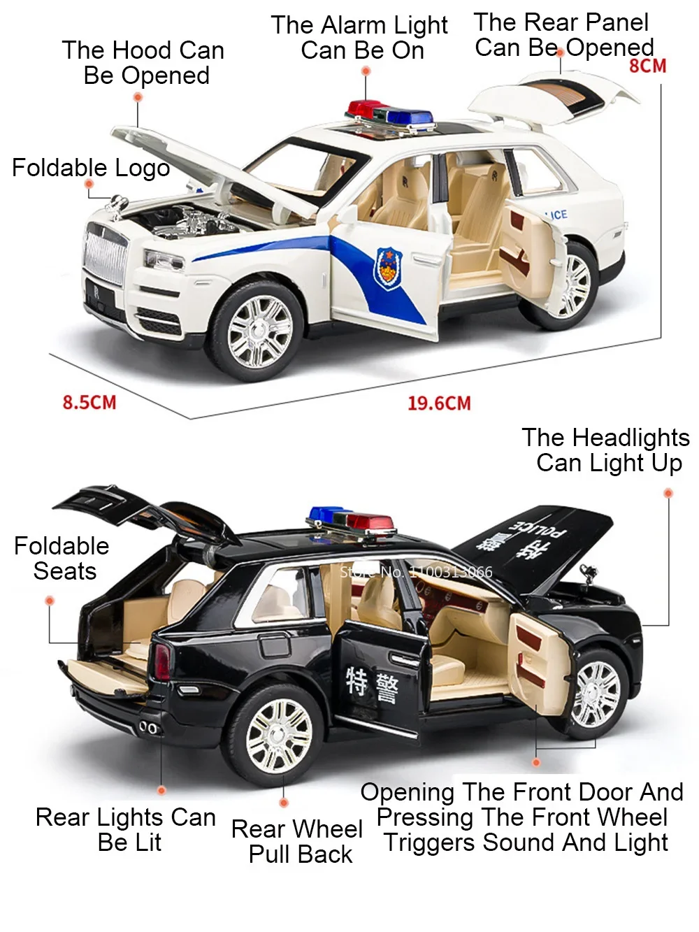 1:24 Rolls-Royce Cullinan Polizeiautos Modellspielzeug mit Licht Sound Wheel Zurückziehen Miniaturfahrzeuge Modelle Jungen Festival Geschenke