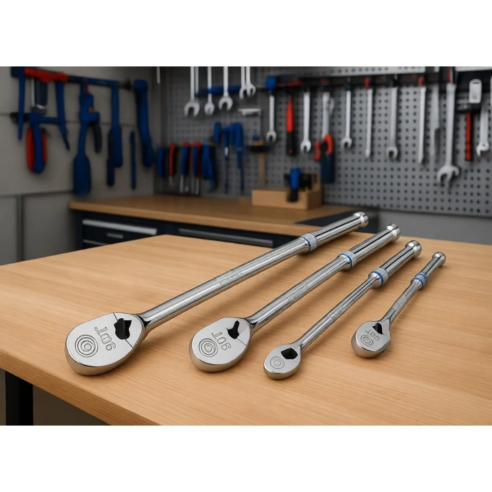 

3 Piece Extra Long Drive Ratchet Handle Set 1/4 3/8 1/2 Inch 90 Tooth Reversible CR-V Steel Full Polished