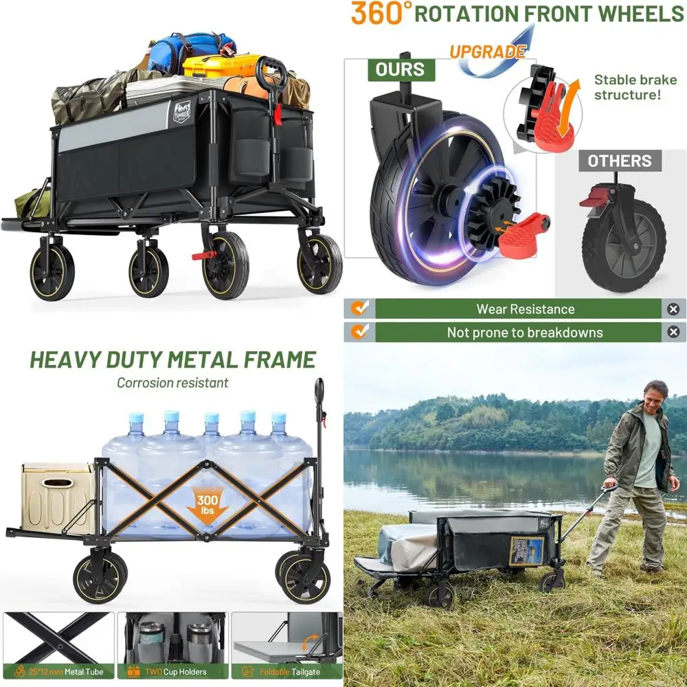 

All-Terrain Extra Long Folding Wagon with Tailgate and Brakes, 250L Capacity, Collapsible for Outdoor Adventures