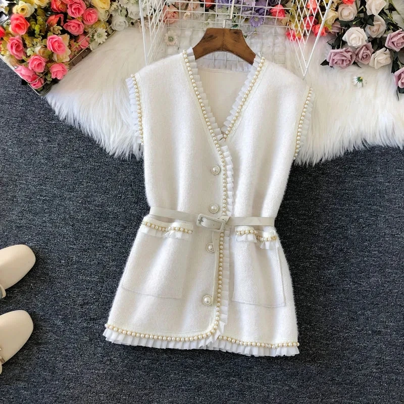 Vintage Woolen Sweater Vest Jacket Women Spring Elegant V-Neck Sleeveless Waistcoats Korean Casual Bead With Belt Chic Outerwear