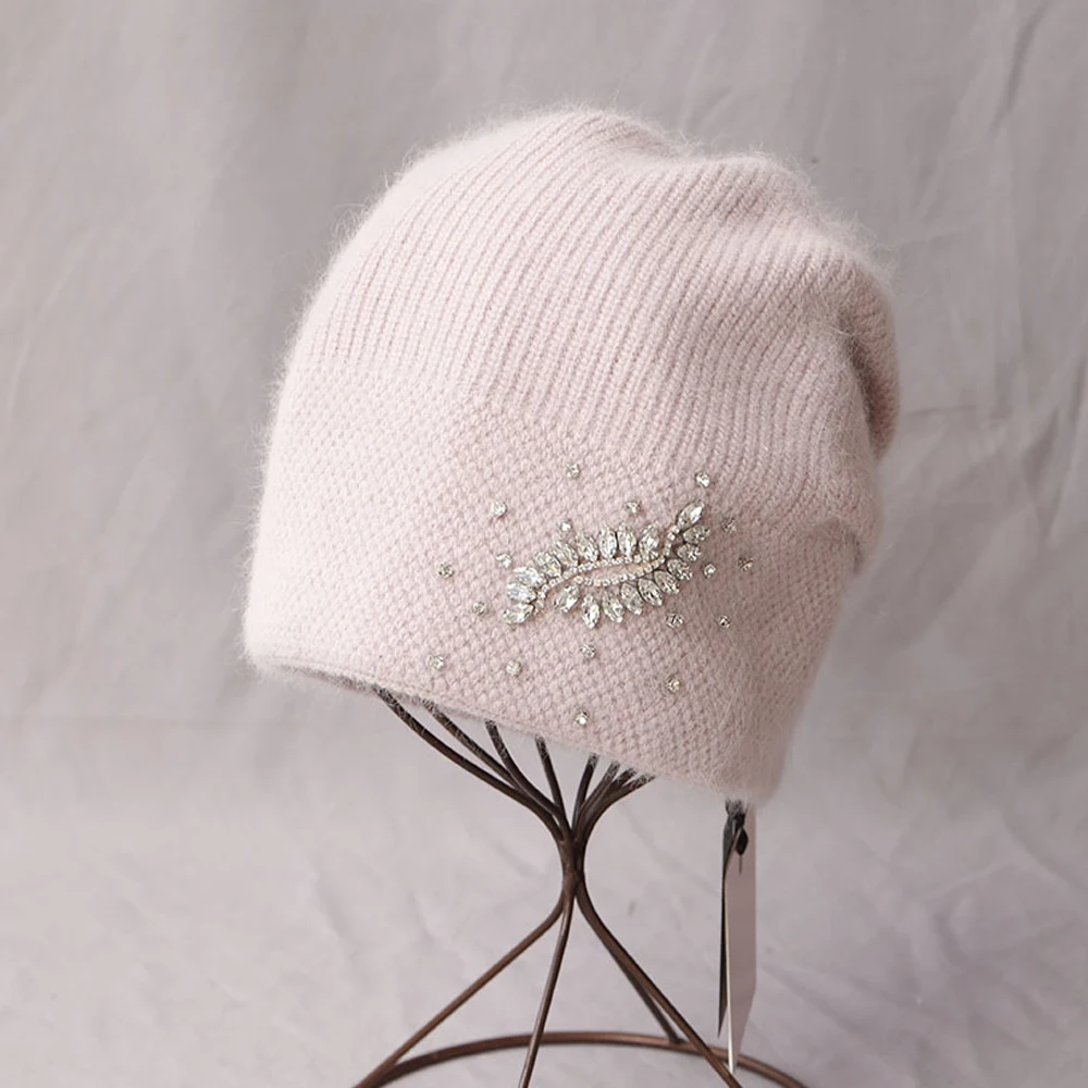 

Angora Beanie Women Winter Hat Rhinestone Warm Accessory For Autumn Cold Weather Skiing Sports Outdoor Holiday