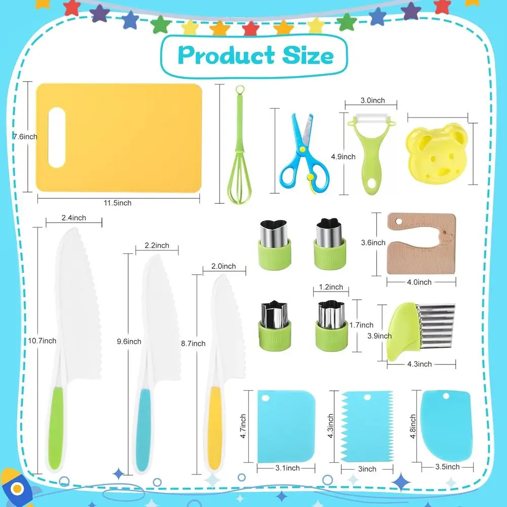16-Piece Toddler Kitchen Set with Plastic Knives, Cutting Board, Peeler, Egg Beater, and Food Picks